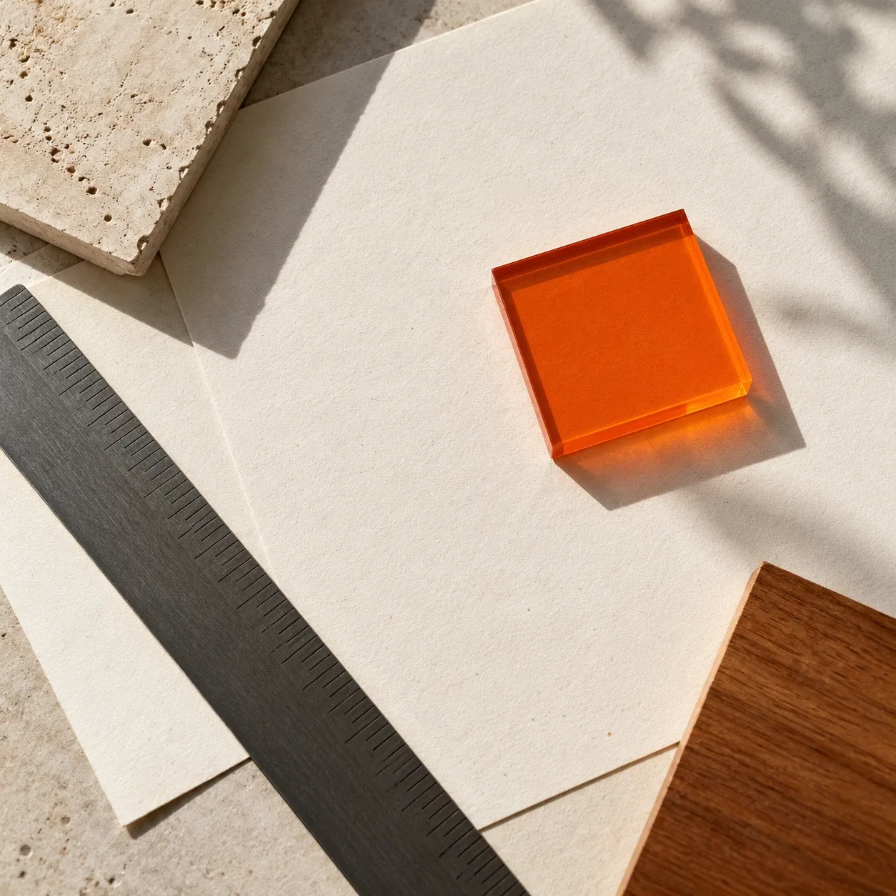 Cream paper, a charcoal ruler and a small orange acrylic square in daylight.