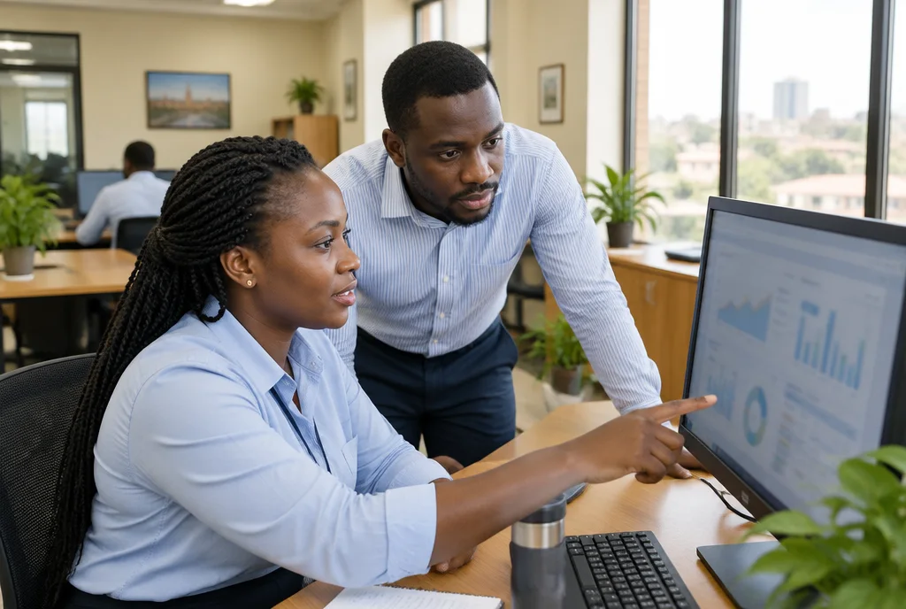 Two bank staff reviewing a dashboard on a desktop screen.