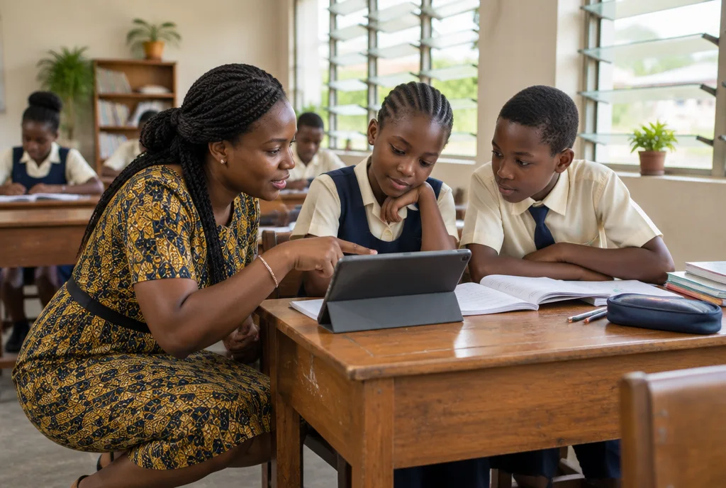 Teacher working through a tablet lesson with two uniformed students.