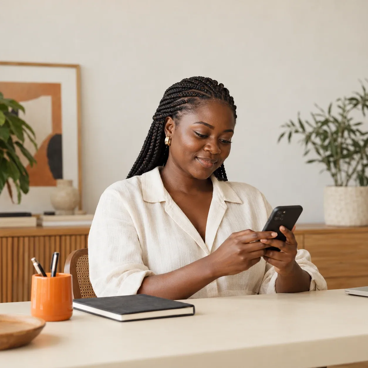 Black Ghanaian entrepreneur checking a customer message on a phone.